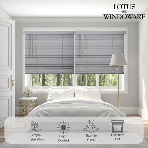 Vista 3 de Lotus & Windoware Sin Cable, Persiana de Madera Sintética de 2 Pulgadas, Persianas para Ventanas, Persianas y Cortinas, Persianas para Ventanas Gris