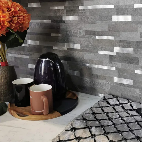 Vista 4 de COLAMO Azulejos de piedra sintética gris cemento de lujo, azulejos de mosaico de mezcla de metal de aluminio plateado para salpicaduras de cocina