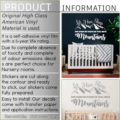 Vista 4 de Let Him Sleep For When He Wakes He Will Move Mountains Wall Decal Quote Vinyl Sticker Nursery Wall Decor Baby Boy Nursery Wall Decals F36