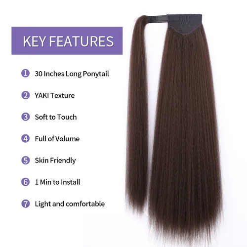 Vista 3 de WIGNEE Extensión de cola de caballo larga rizada recta y envolvente, extensión de cola de caballo Yaki negro natural para mujeres negras, Marrón