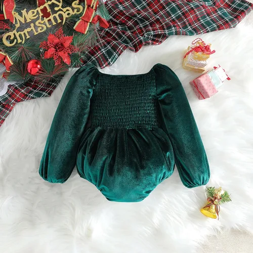 Vista 4 de YIISU Vestido de mameluco de terciopelo para niña, vestido de Navidad fruncido, para cumpleaños, ropa para niñas