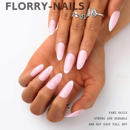 Vista 4 de Florry Uñas postizas cortas a presión para el día de San Valentín, uñas postizas cortas con corazón rosa para mujer, uñas postizas de almendra