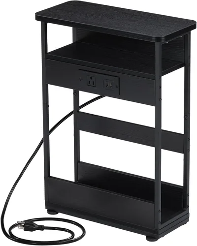 Vista 9 de YEAKOO Mesa auxiliar estrecha con estación de carga, mesa auxiliar de 3 niveles con 2 puertos USB y tomas de corriente, mesa auxiliar delgada