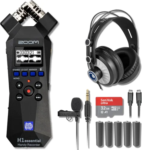 Vista 7 de Zoom H1essential - Grabadora de audio portátil de 2 pistas y 32 bits con micrófono Lavalier GO Lav, 5 baterías AAA, cable USB-C a USB-C y tarjeta
