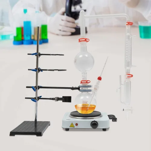 Vista 3 de Separador de aceite esencial de 110 V 1000 W, kit de destilación de vidrio de laboratorio, aparato de destilación de aceite con estufa