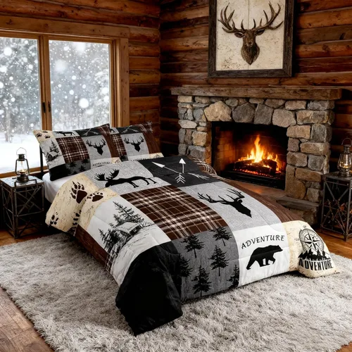 Vista 54 de Manfei Juego de Edredón de Siluetas de Animales con Astas de Ciervo Tamaño Full, Juego de Ropa de Cama de Camuflaje con Cuadros Geométricos de 3