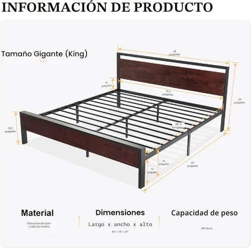 Vista 2 de SHA CERLIN Marco de cama de plataforma de metal tamaño King de 14 pulgadas con cabecera y estribo de madera, base de colchón, no necesita somier