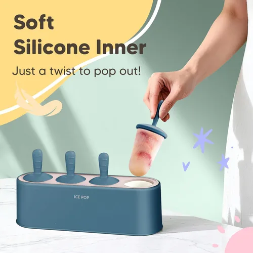 Vista 2 de Juego de moldes para paletas de 4 piezas, fabricante de paletas caseras de silicona, moldes para helados de fácil desmolde, moldes pop DIY Azul