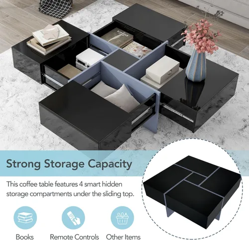 Vista 5 de Mesa de centro contemporánea de 31.5 pulgadas con 4 compartimentos de almacenamiento ocultos, mesa de cóctel cuadrada con mesa deslizante