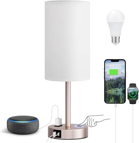 Vista 12 de Fenmzee - Lámpara rosa para mesita de noche de dormitorio - Lámpara de mesa táctil regulable de 3 vías con puertos de carga USB tipo C, lámpara