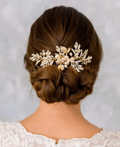 Vista 2 de SWEETV Peineta de Boda Hecha a Mano con Clip de Estrás y Perlas, Accesorios de Oro para el Cabello de Novia, Accesorios para el Cabello de Boda