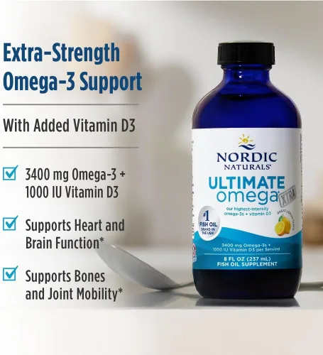 Vista 3 de Nordic Naturals Ultimate Omega Xtra Liquid, sabor a limón, 8 onzas, 3400 mg de omega-3 + 1000 UI de vitamina D3, EPA y DHA, salud cerebral, corazón