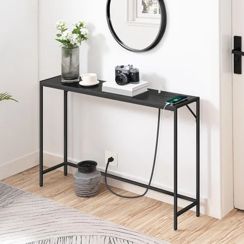 Vista 2 de MAHANCRIS Mesa consola, mesa de sofá estrecha, mesa de entrada de 43.3 pulgadas con estación de energía, mesa detrás del sofá, estilo simple