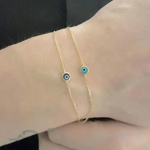 Vista 3 de Pulsera de oro amarillo sólido de 14 quilates para mujer Pulsera de protección nazar turca de la suerte buena suerte delicada azul marino