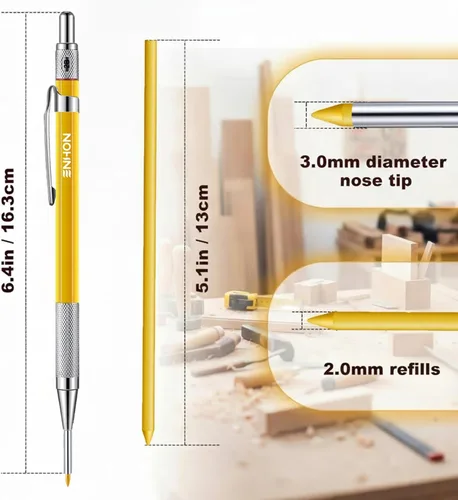 Vista 2 de Enhon Juego de lápices mecánicos de carpintero de 2mm con 12 recargas de marcador y sacapuntas, lápiz de construcción macizo de agujero profundo