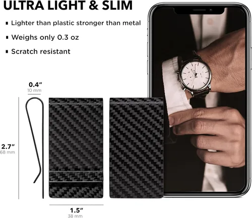 Vista 6 de SERMAN BRANDS Clip de dinero de fibra de carbono para hombres Cartera delgada con clip de dinero RFID, bolsillo frontal minimalista, cartera EDC