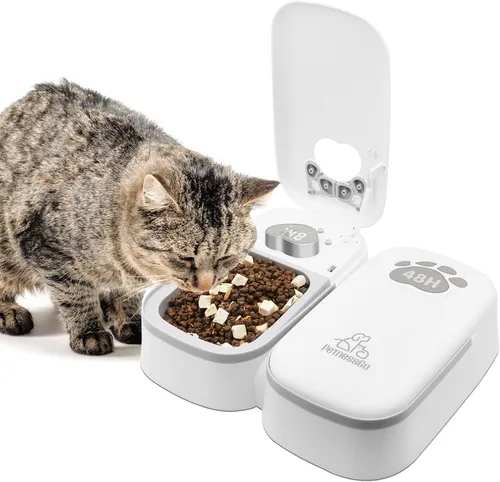 Vista 2 de Comederos automáticos para gatos, 2 comidas, comedero digital automático para mascotas, alimentos húmedos para perros y gatos, dispensador