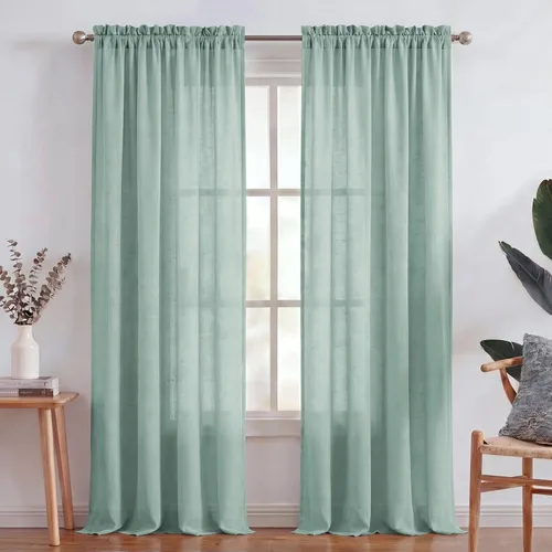 Vista 28 de Turquoize - Cortinas semitransparentes para sala de estar, cortinas de lino texturizado para dormitorio, con bolsillo para barra, tratamiento