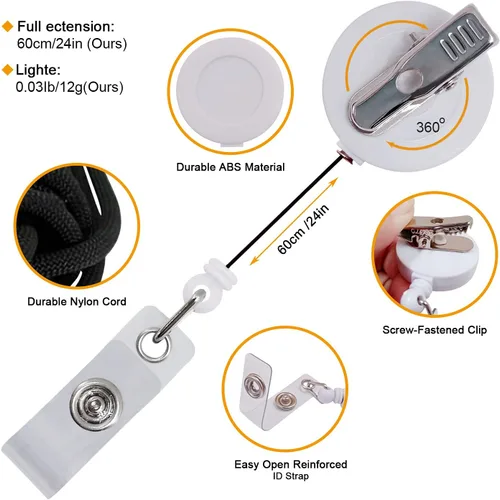 Vista 6 de Paquete de 5 carretes retráctiles para tarjetas de identificación con clip de cocodrilo giratorio, paquete a granel de insignia premium (blanco)