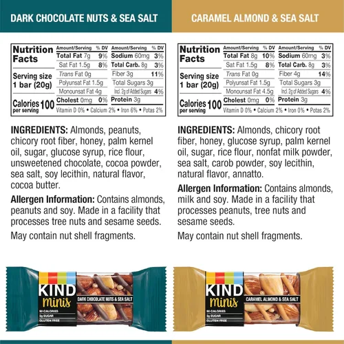 Vista 2 de KIND Bar Mini's, paquete variado, sin gluten, 100 calorías, bajo en azúcar, barra de 0.7 onzas, 30
