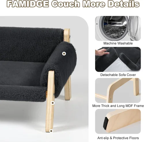 Vista 6 de FAMIDGE Sofá Cama Elevada para Gatos para Gatos de Interior - Sofá para Mascotas de Madera con Funda Gruesa Lavable Extraíble, Silla de Salón