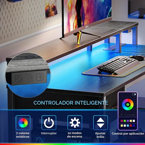 Vista 4 de SUPERJARE Escritorio reversible en forma de L de 47 pulgadas con luces LED y tomas de corriente, escritorio para computadora con estantes y soporte