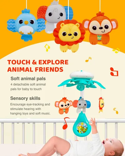 Vista 4 de KiddoLab - Móvil para cuna de bebé con música relajante. Incluye proyector de luz de techo con estrellas, animales. Móvil musical para cuna