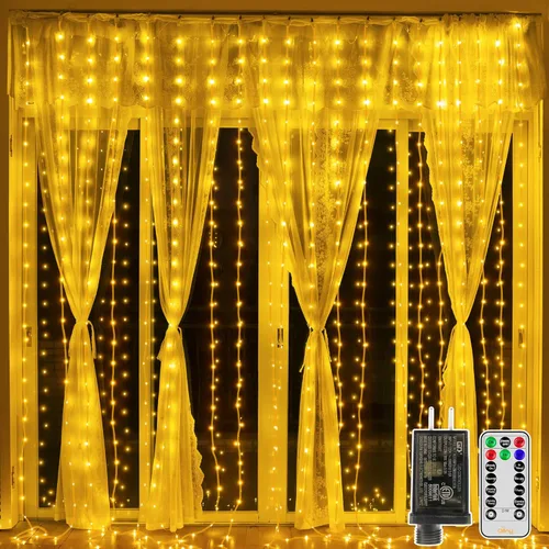 Vista 12 de Ollny - Tira de luces de cortina LED de 300 luces 3 m x 3 m, luces de Navidad impermeables IP67 para exteriores con control remoto, luces de hadas