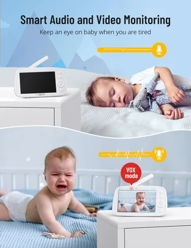Vista 3 de HiPP Pro Monitor de bebé de video, monitor de bebé HD 720P de 5 pulgadas con cámara y audio, zoom panorámico, sin WiFi, audio de 2 vías, VOX, visión