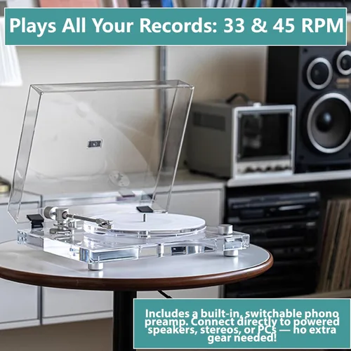 Vista 8 de Tocadiscos de vinilo vintage, tocadiscos Bluetooth 5.3 con preamplificador integrado, brazo de fibra de carbono, placa acrílica antivibración, doble