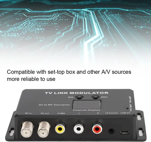 Vista 7 de Modulador UHF, modulador IR TM70 Modulador de enlace de TV Convertidor AV a RF Extensor IR con pantalla de canal Modulador RF para TV con cable