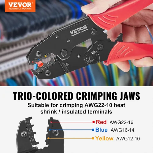 Vista 2 de VEVOR Herramienta de prensado para conectores eléctricos aislados AWG22-10 Engarzadora de terminales de nailon y termorretráctil, alicates