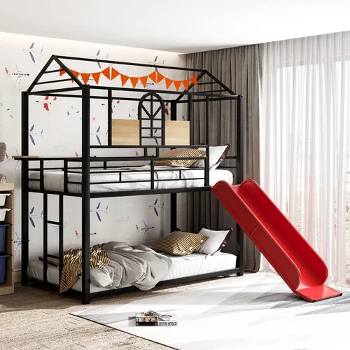 Vista 17 de Harper & Bright Designs Litera de metal para niños, cama individual sobre individual, litera baja con forma de casa, techo, escalera, barandilla