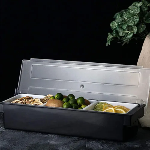 Vista 6 de FEOOWV Organizador de condimentos de frutas y verduras con tapa, bandeja dispensadora de plástico de 3 compartimentos para catering salsas, servir