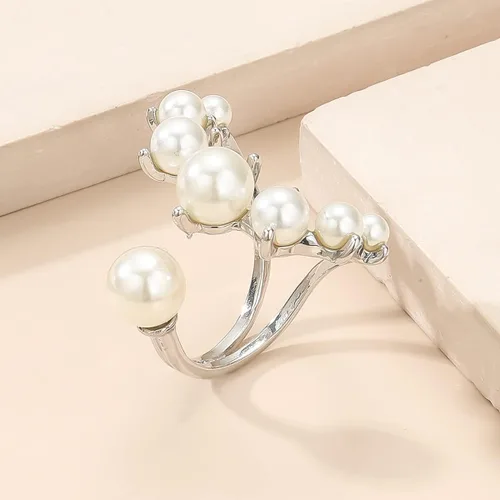 Vista 7 de Handmade Pearl Ring Stacking Pearl Statement Rings Adjustable Open Pearl Full Finger Ring Trendy Personality Pearl Cluster Jewelry for Women