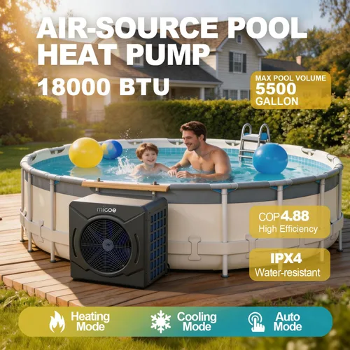 Vista 2 de MICOE 18000 BTU Swimming Pool Heater for Above Ground & Inground Pools, Heating and Cooling up to 5,500 Gallons, High Efficiency COP 4.88, App