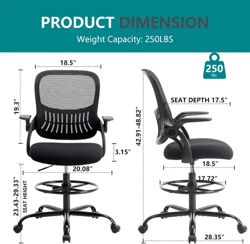 Vista 3 de DUMOS Silla de dibujo para escritorio de pie, altura de mostrador ajustable, brazos abatibles, ergonómicas de malla con respaldo medio, sillas Negro