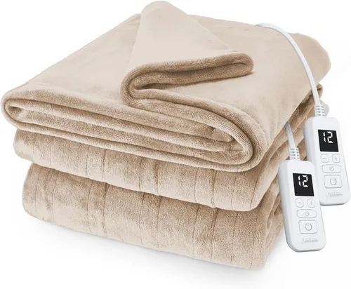 Sunbeam Royal Posh - Manta térmica eléctrica de terciopelo, tamaño Queen, 90 x 84 pulgadas, 12 ajustes de calor, apagado automático seleccionable de