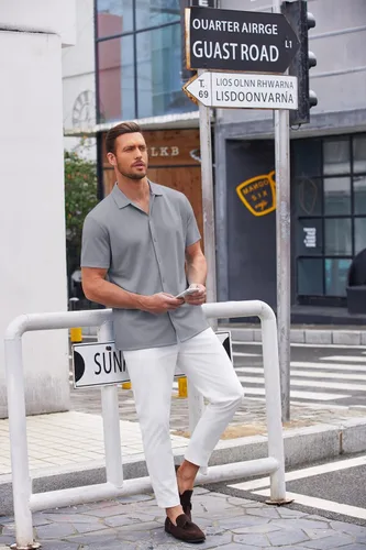 Vista 9 de COOFANDY Camisa casual con botones para hombre, manga corta, sin arrugas, camisa de verano