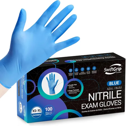 Vista 10 de Guantes de examen desechables de nitrilo SwiftGrip, azul, para uso médico, limpieza, aptos para alimentos, sin polvo, no estériles, caja de 1000