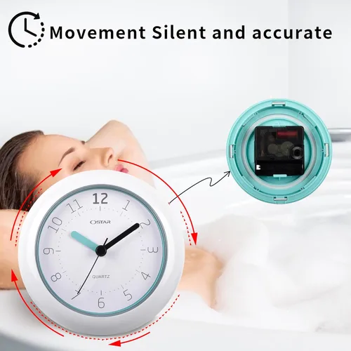 Vista 8 de OSTAR Reloj de ducha de baño impermeable, reloj analógico de cuarzo, soporte colgante de doble propósito, funciona con pilas AA, tamaño redondo