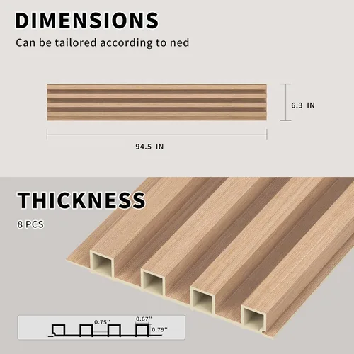 Vista 2 de WPC Paneles de pared de listones de madera, paquete de 8 listones de madera de 95 x 6 pulgadas para pared y techos, paneles acústicos para Roble