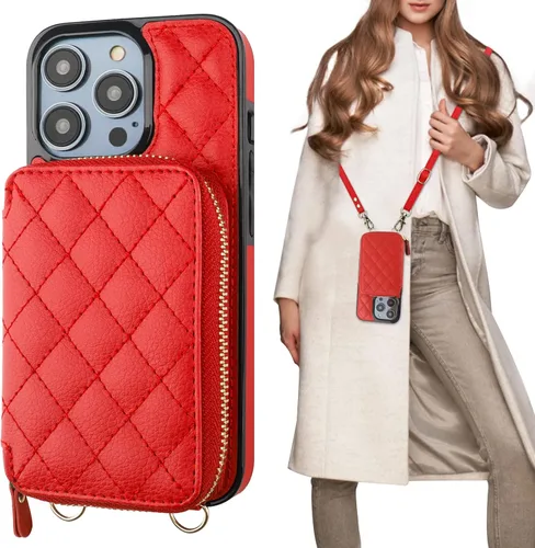 Vista 10 de Bocasal Funda tipo cartera cruzada para iPhone 14 Pro, funda de piel sintética con cremallera y bloqueo RFID, cartera tipo bolso con tapa, soporte