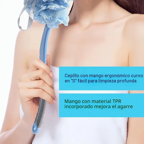 Vista 4 de [2ª generación] Cepillo corporal de ducha con cerdas y esponja, esponja de malla de baño con mango curvado de 16 pulgadas de largo, antideslizante