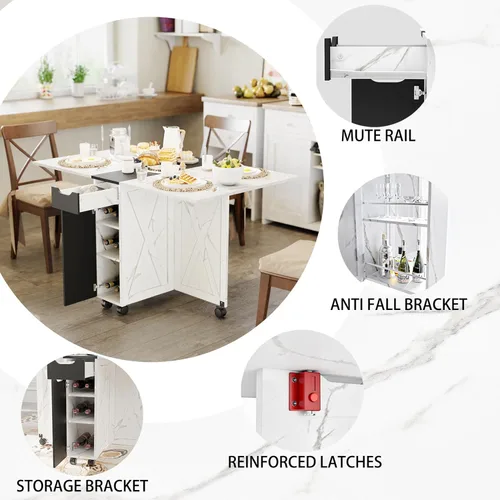 Vista 7 de 3imothrix Mesa de comedor plegable, mesa de comedor con cajón y almacenamiento y estantes, mesa de comedor que ahorra espacio con 6 ruedas, mesa