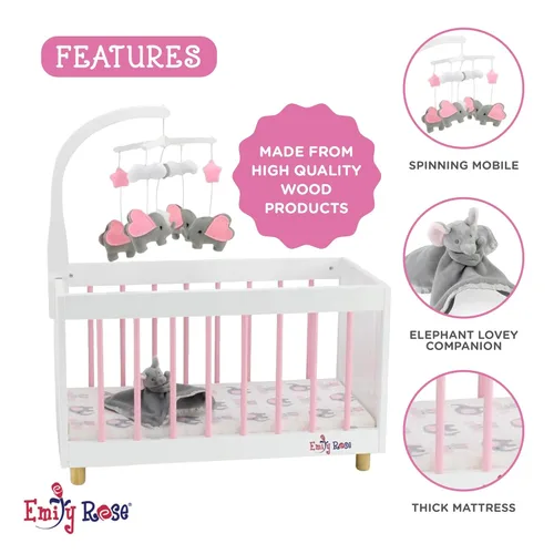 Vista 3 de Cuna de muñeca de bebé para muñecas de 14 a 19 pulgadas con ropa de cama de elefante móvil giratorio y Lovey - Muñeca no incluida - Muebles