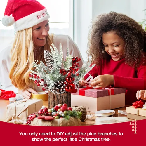 Vista 3 de Hatisan Árbol de Navidad pequeño con adornos de Navidad, piña baya, árbol de Navidad artificial de mesa para decoración de Navidad, hogar