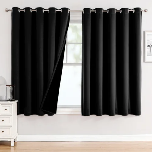 Vista 75 de ChrisDowa Cortinas 100% opacas de 63 pulgadas de largo para dormitorio con forro negro, 2 capas gruesas totalmente opacas con aislamiento térmico