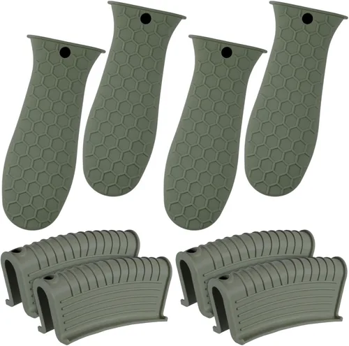 Vista 16 de Patelai Juego de 8 soportes de silicona para ollas, funda de mango de hierro fundido, resistente al calor, agarradera, antideslizante, reutilizable