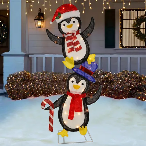 Vista 4 de WATERGLIDE Juego de 2 pingüinos de oropel de Navidad iluminados, pingüino apilado 2D preiluminado con luces incandescentes, se ilumina y enchufa